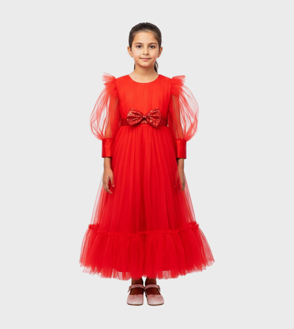 Bow Detailed Puff Sleeves Tulle Gown