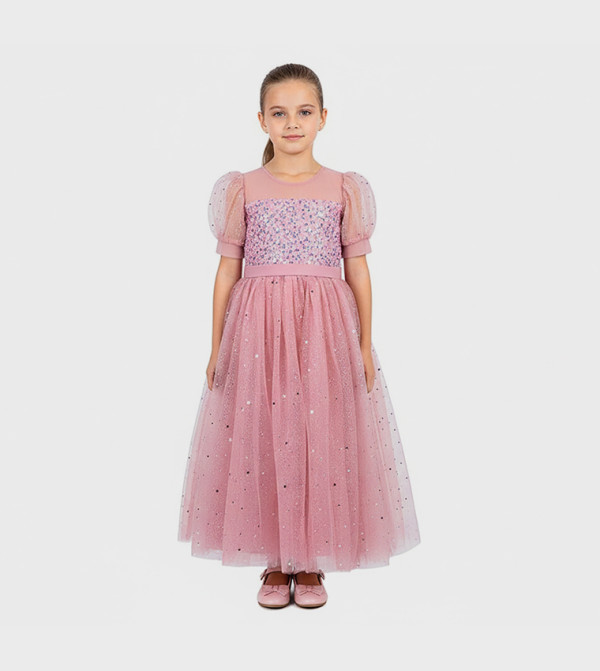 Sequin Puff Sleeves Party Gown