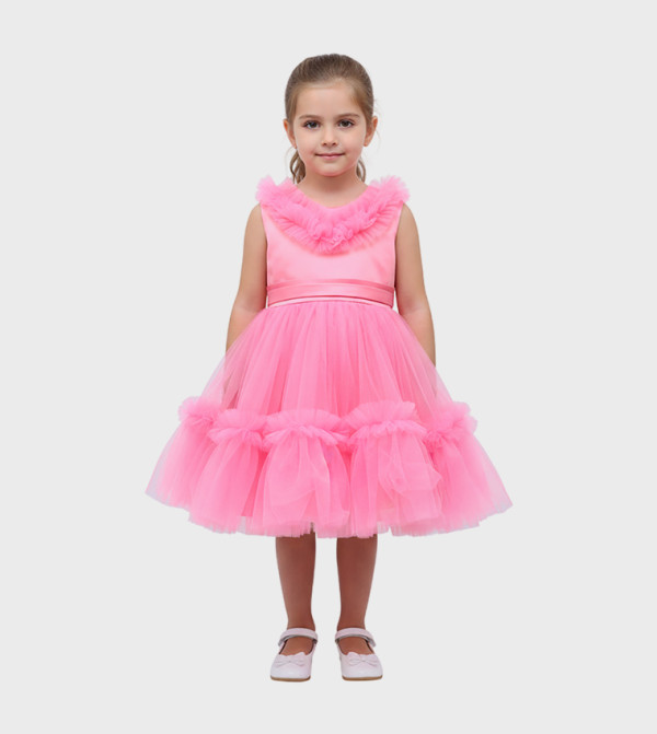 Ruffled Neck Party Tulle Dress