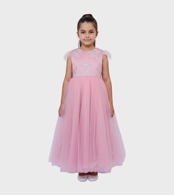 Embroidered Sleeveless Tulle Party Gown