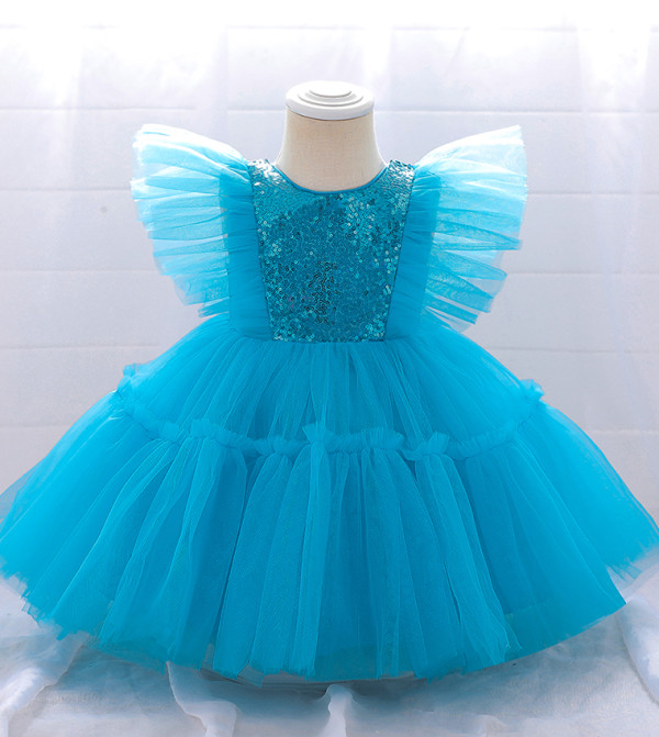 Sequins Detail Flutter Sleeves Tulle Dress