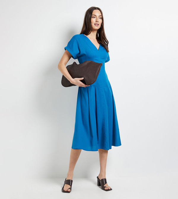 Linen Blend Pleated Detail Midi Dress