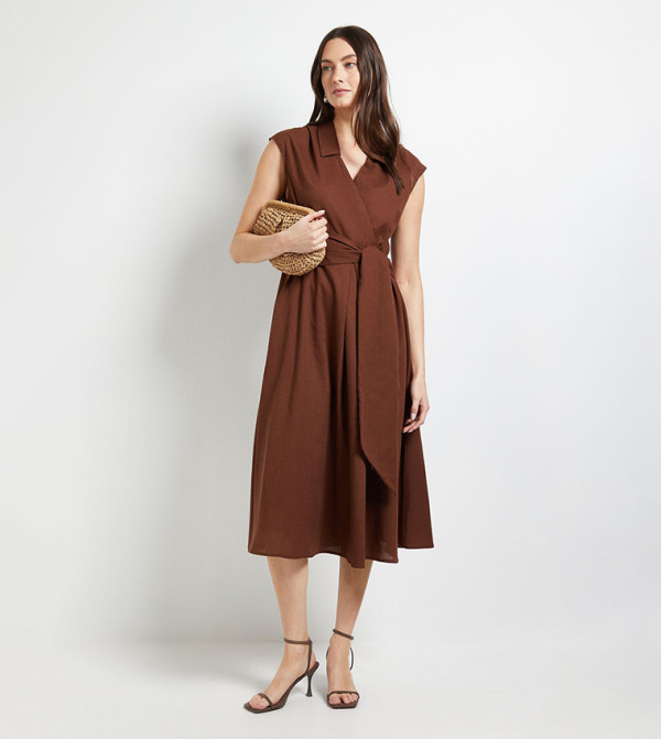 Linen Blend Belted Midi Dress