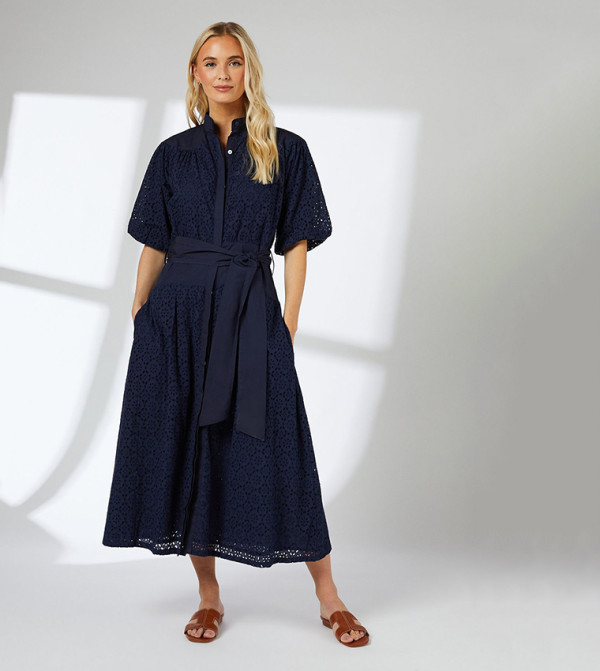 Broderie Belted Contrast Detail Midaxi Dress