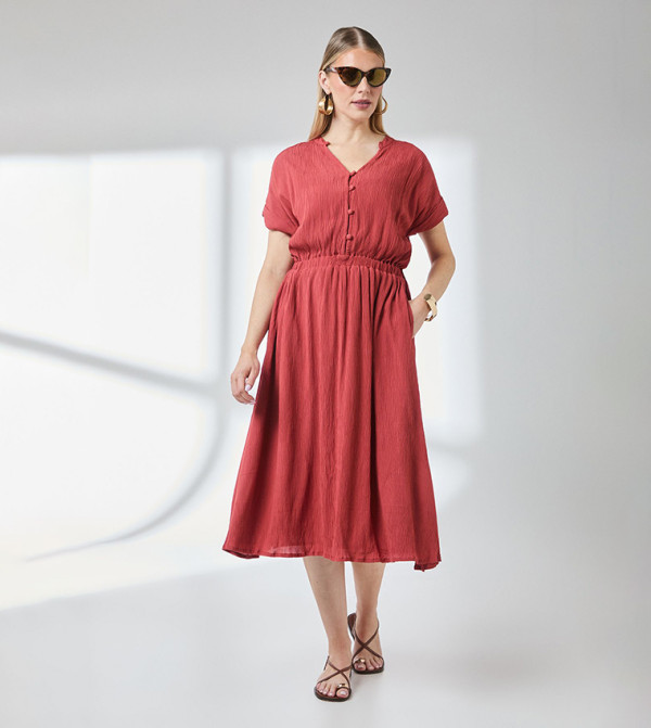 Elasticated Waist Crinkle Viscose Midi Dress