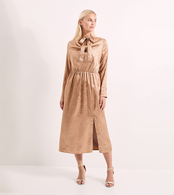 Cowl Tie Neck Satin Jacquard Midi Dress