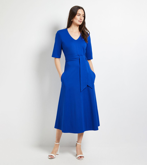 V-Neck Belted Ponte Midi Dress