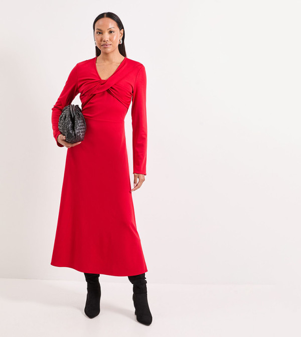 Twist V Neck Fit & Flare Ponte Midaxi Dress