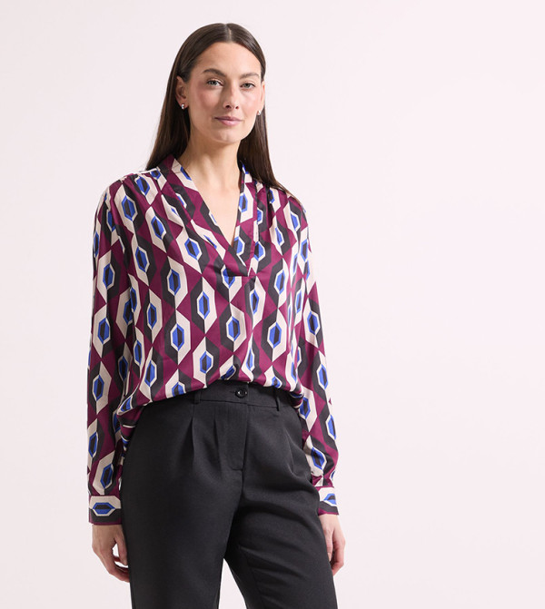 Printed V-Neck Yolk Detail Top