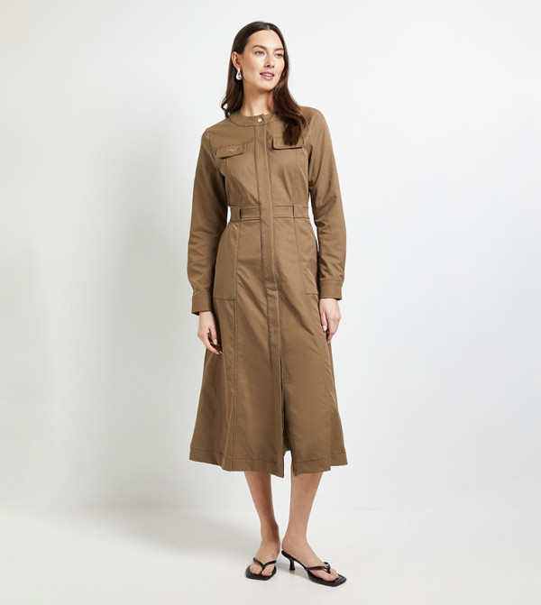 Utility Pocket Collarless Midi Shirt Dress