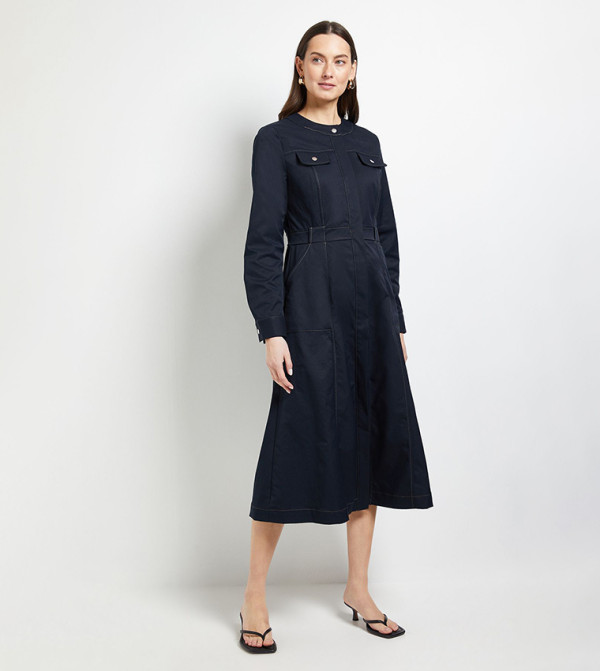 Utility Pocket Collarless Midi Shirt Dress
