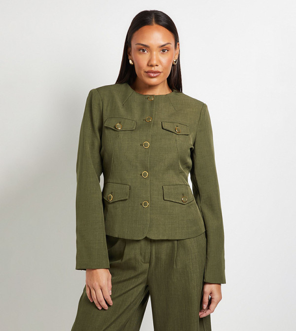 Textured Utility Collarless Jacket