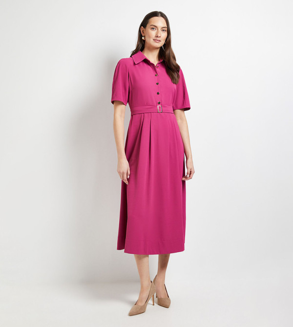 Volume Sleeves Belted Midi Shirt Dress