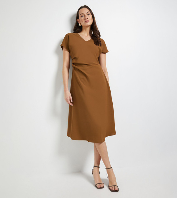 Pleated Waist V-Neck Midi Dress