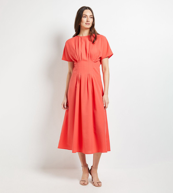 Pleated Waist Detail Midi Dress