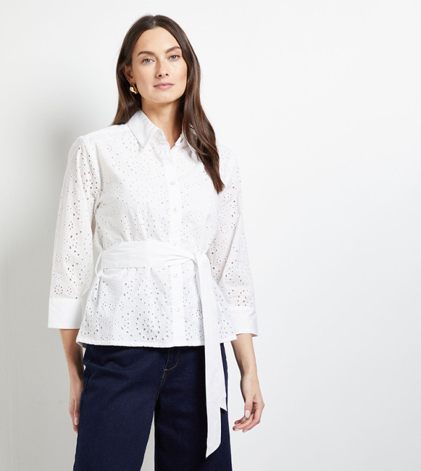 Broderie 3/4 Sleeves Belted Shirt