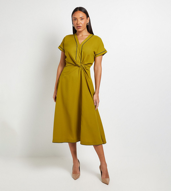 Contrast Piped Twist Front Midi Dress