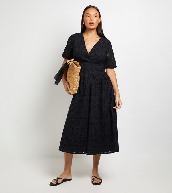 Mono Dropped Waist Broderie Midi Dress