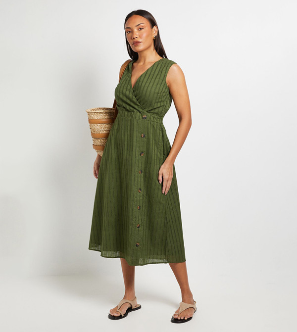 Wrap Button Detail Broderie Midi Dress