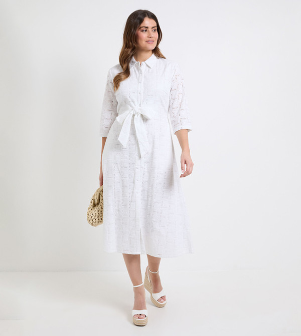 Geo Broderie Tie Front Midi Shirt Dress