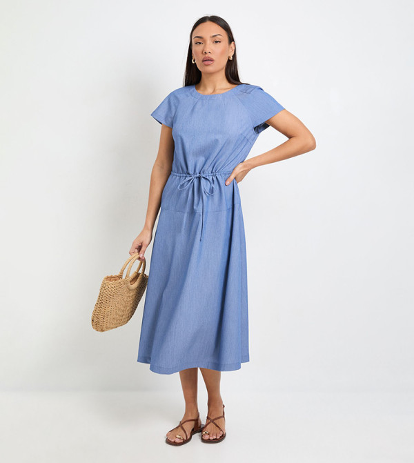 Cap Sleeves Tie Waist Midi Dress