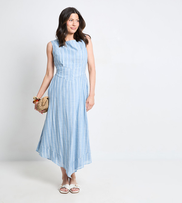 Striped Sleeveless Asymmetric Midi Dress