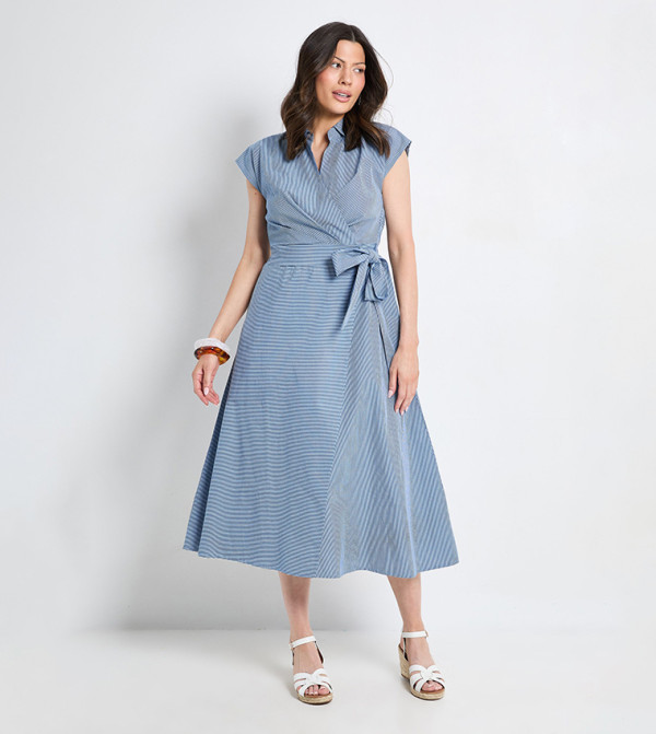 Striped Wrap Collared Midi Shirt Dress