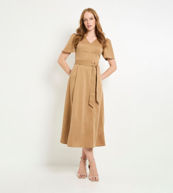 Seam Detail Belted Midi Dress