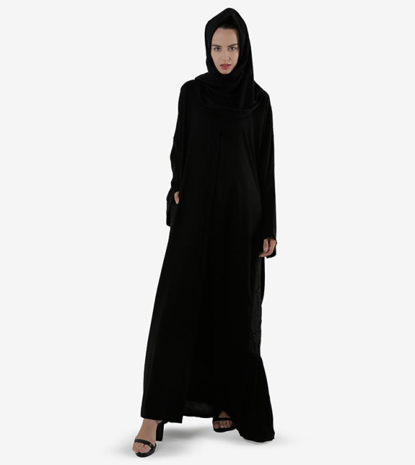 عباية بأكمام طويلة وياقة أمامية - أسود
