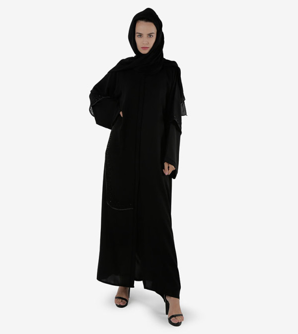 عباية مفتوحة من الأمام مطرزة بأكمام طويلة - أسود