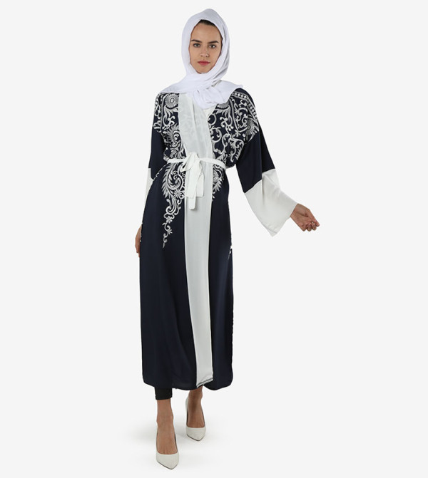 عباية بتطريز مفصل بأكمام طويلة - أزرق