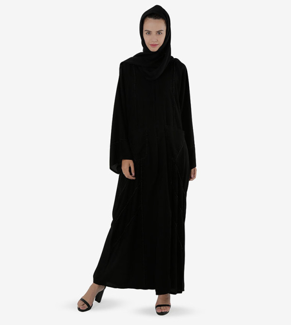 عباية بجيوب أمامية مفتوحة وأكمام طويلة عريضة - أسود