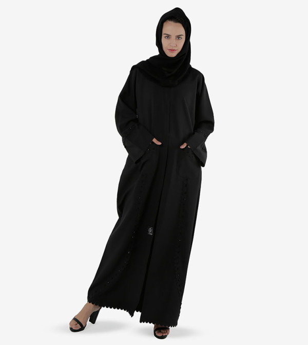 2-Pockets With Beads Design Open Front And Long Wide Sleeves Abaya - Black