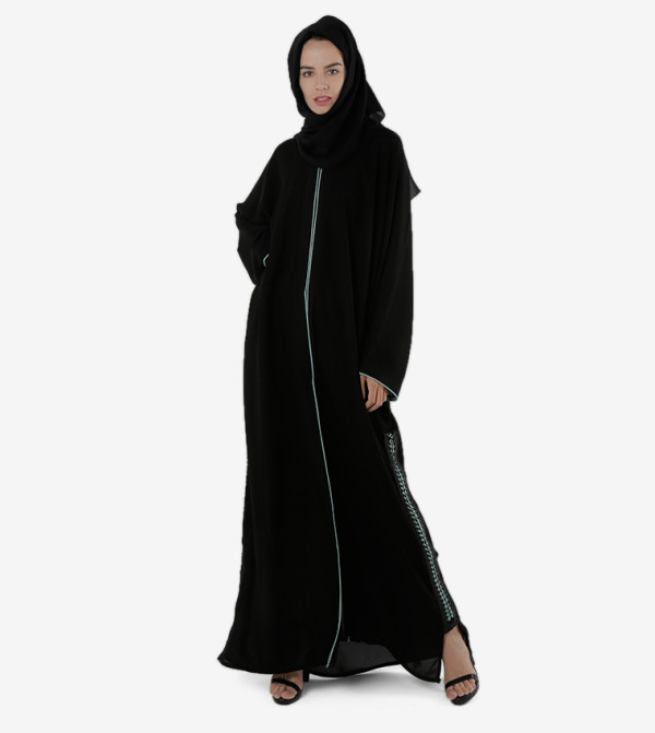 عباية بياقة مستديرة وأكمام طويلة - أسود