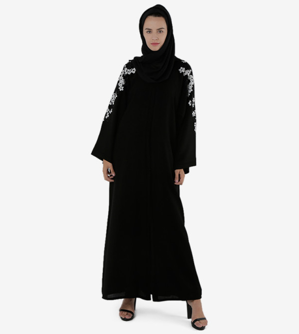 Flower Embroidered Front Open Long Sleeves Abaya