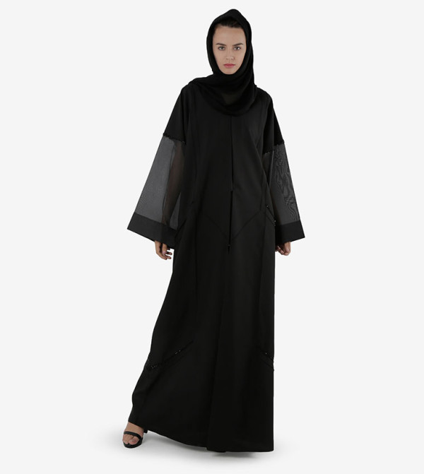 Open Front and Wide Net Detailed Long Sleeves Abaya