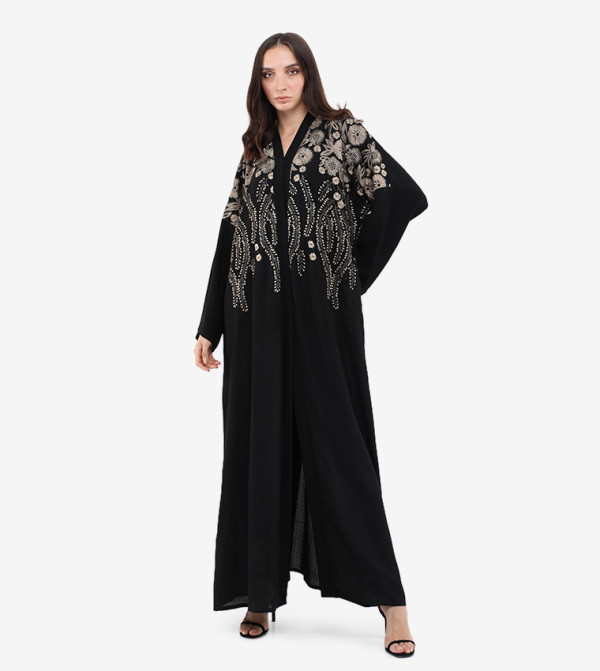 Embroidered V-Neck Long Sleeve Abaya