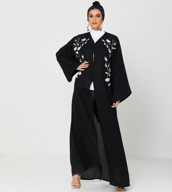 Abaya Wih Embroidery And Stone Hand Work-Black