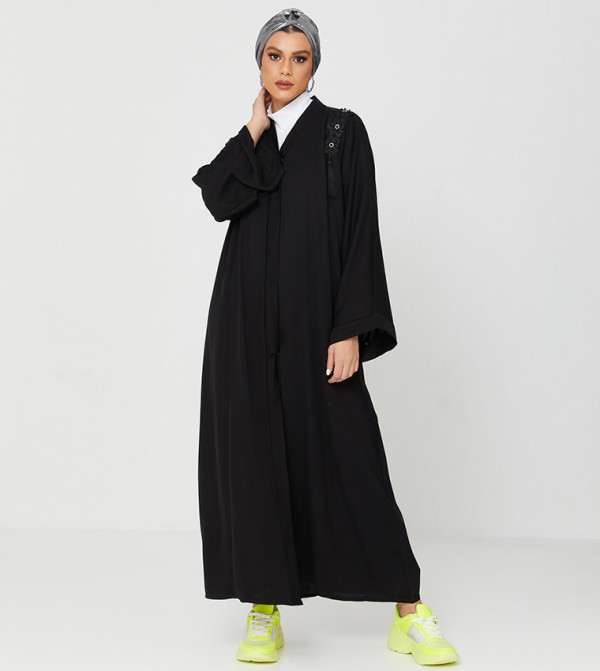 Abaya Design With Laise And Pearls Design On It-Black