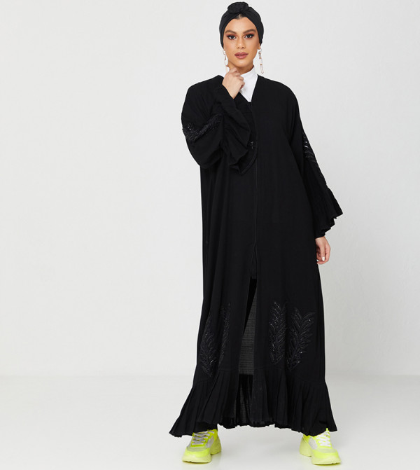 Abaya Design With Frills And Stone Hand Work On It-Black