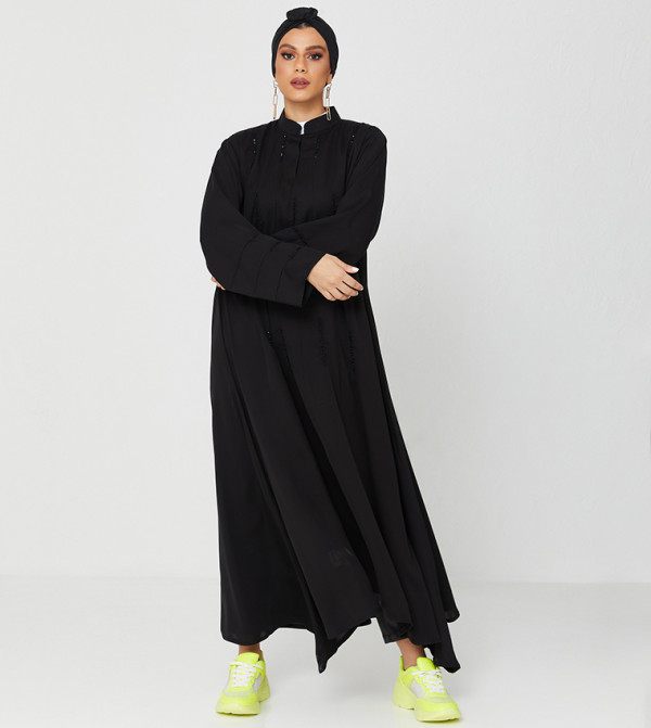 Abaya On Design With Stone Hand Work Full Top To Bottom-Black