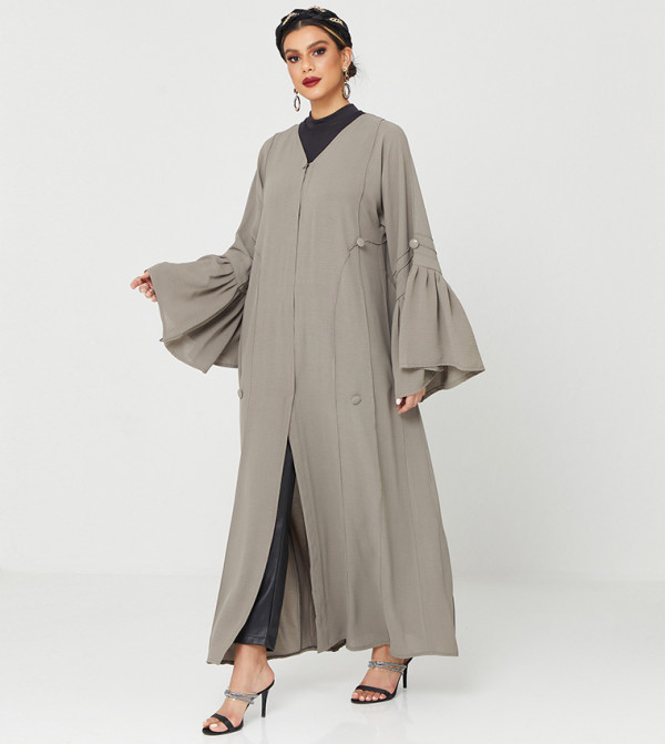 Abaya Design With Frills At Button-Green