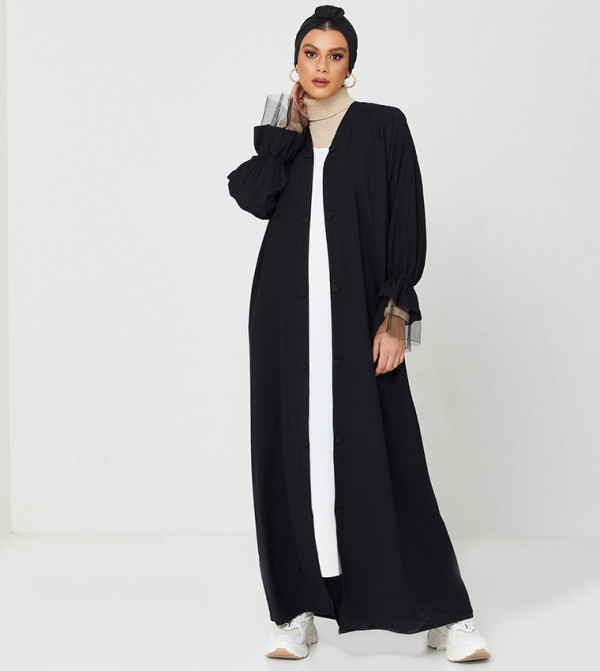 عباية بغطاء داخلي أبيض وزر تصميم للنساء - أسود