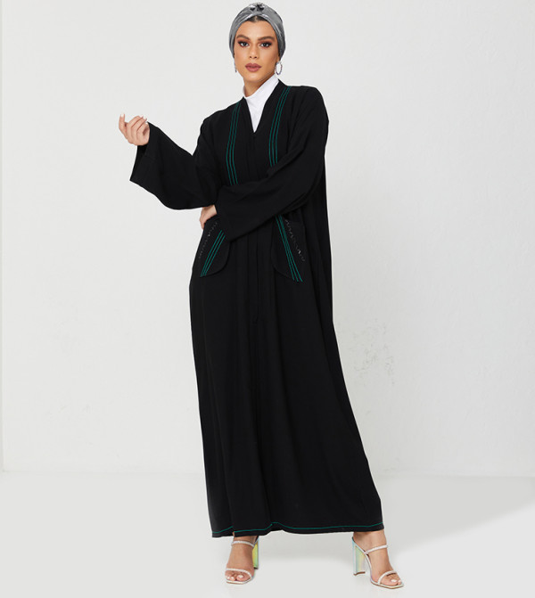 Abaya With Green Line Pocket Design-Black