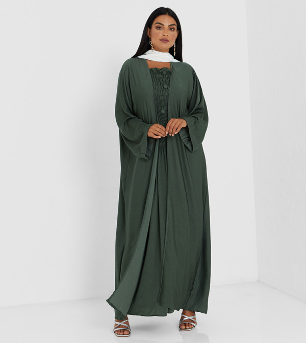 Green Color Abaya With Elastic Kuchi Work And Green Buttons Also Green Inner Top Two Pcs Abaya