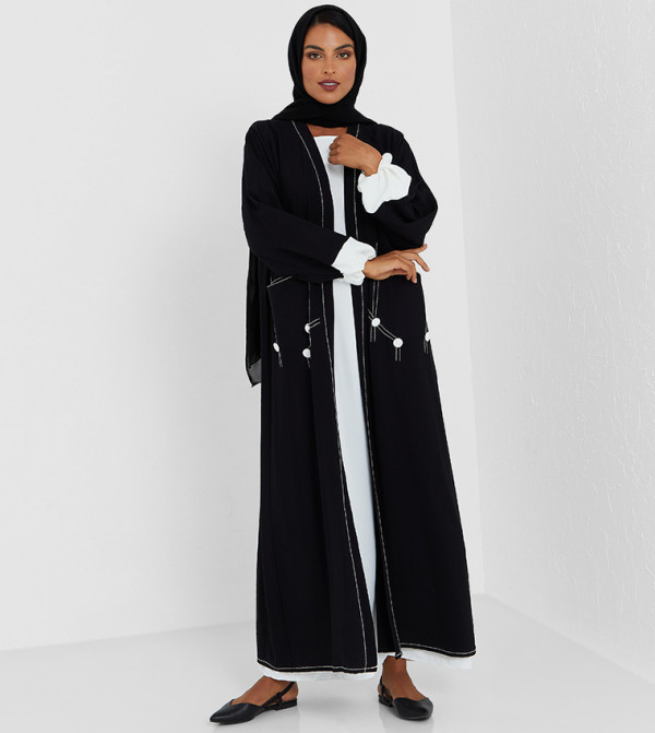 Black Color Abaya With White Inner Top And Pockets With White Buttons