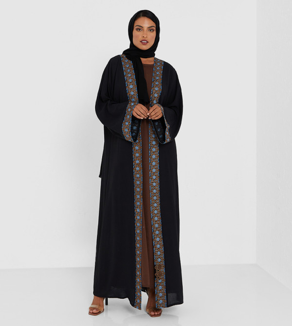 Black Abaya With Multi Color Laise Design And Dark Brown Color Inner Top Two Pcs Abaya