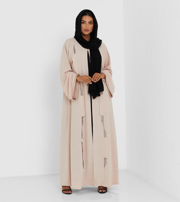 Pink Color Abaya On Ash Color Stone Hand Work