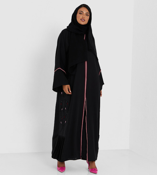 Black Color Abaya With Pink Piping Design And Stone Hand Work, Frells At The Bottom