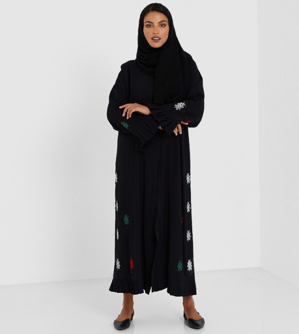 Black Color Abaya With White, Red And Green Color Machine Embroidery And Black Stone Hand Work